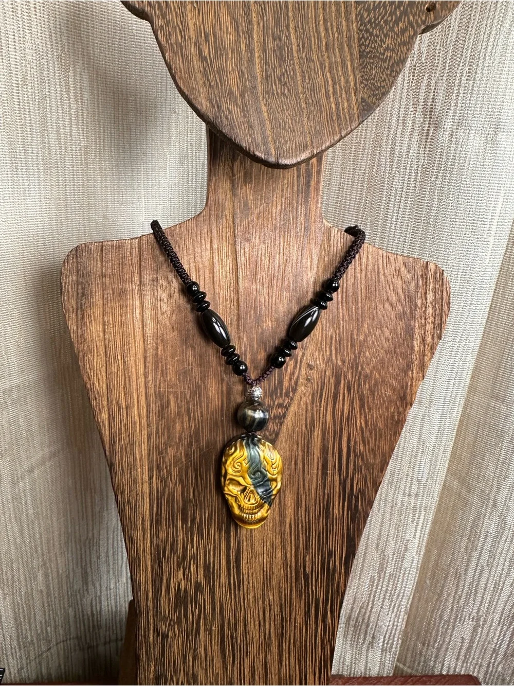 Tiger’s Eye Skull Pendant Necklace on Brown Adjustable Rope